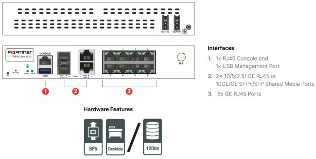 FG-90G, 8 x GE RJ45 ports, 2 x 10GE RJ45/SFP+ shared media WAN ports.